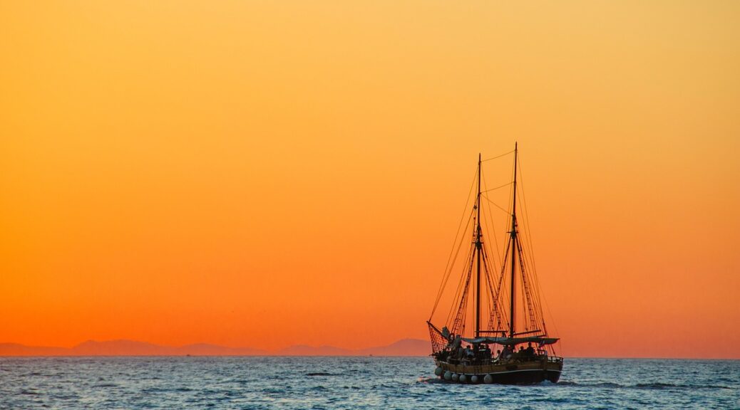 ship, sea, sunset